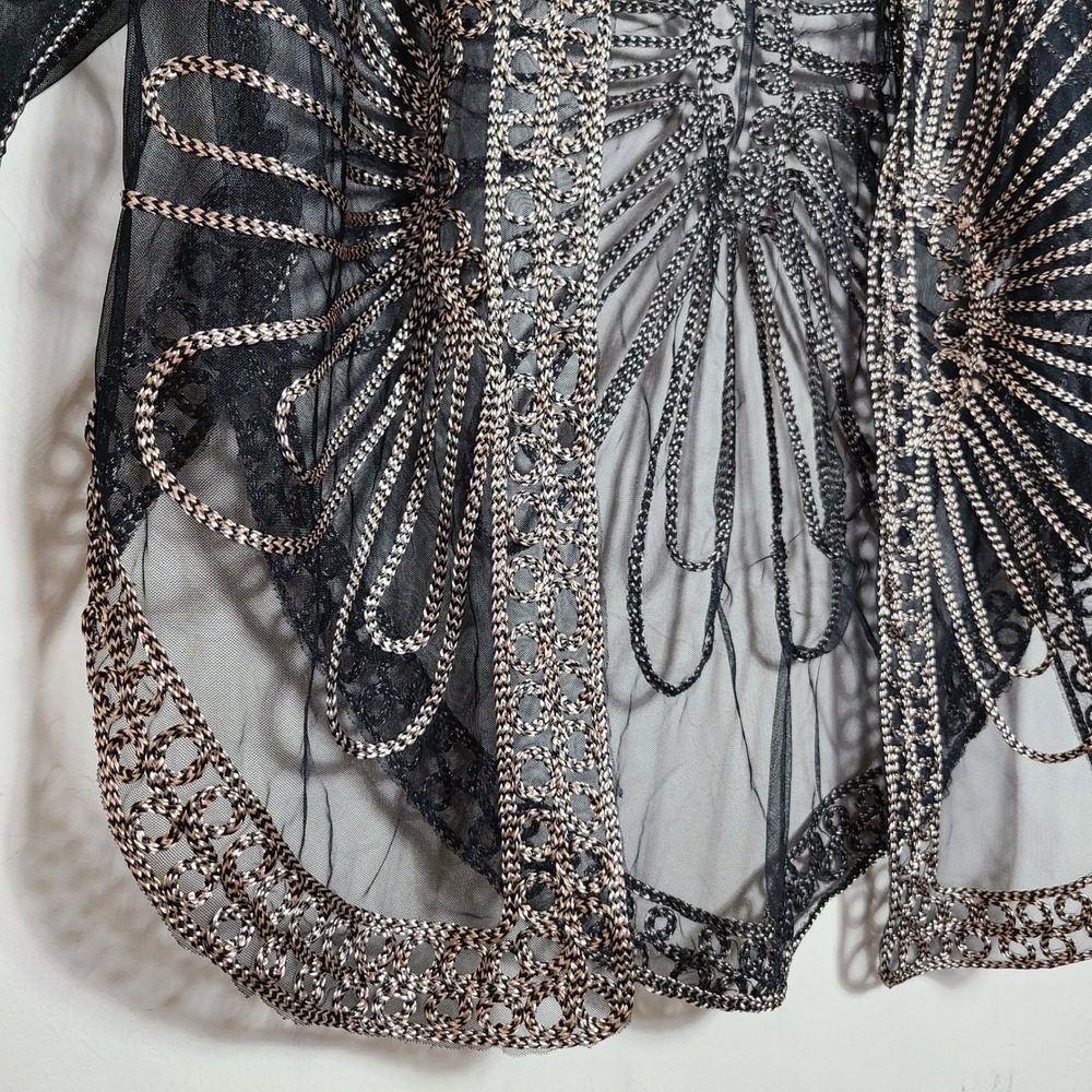 Black Gold Embroidered Sheer Womens S/M Shrug‎ Art Deco Mesh Gatsby 1920s Boho - Picture 3 of 11